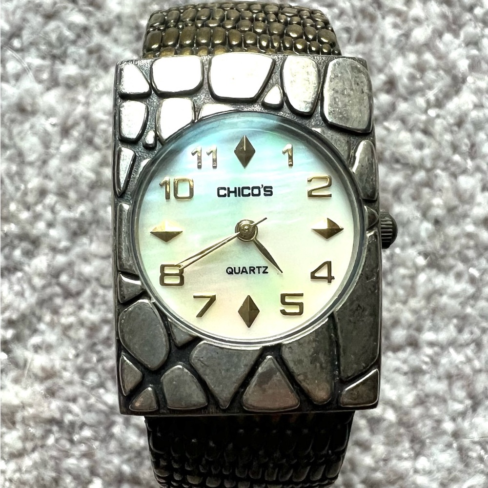 Vintage Chicos Cuff Wristwatch 3-tone metallic with faux mother of pearl face